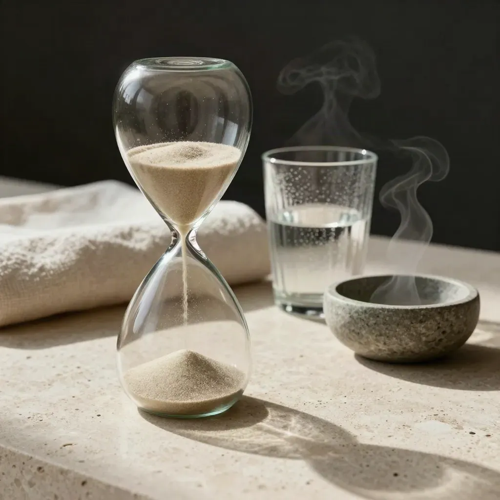 Breathwork station with hourglass, linen mat, water glass, and stone bowl on travertine.