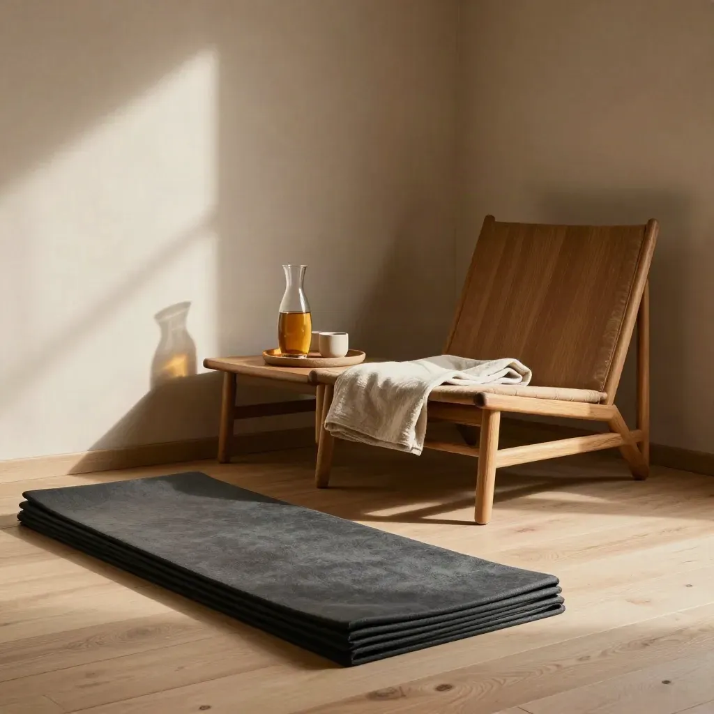 Cozy corporate wellness nook with mats, carafe, cups, and lounge chair