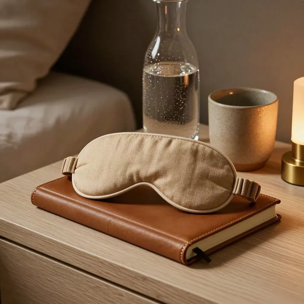 Bedside still life with sleep mask, closed journal, carafe and warm lamp glow.