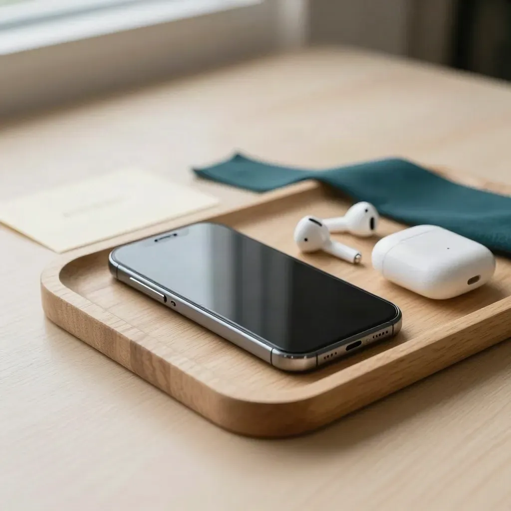 Face-down phone, earbuds and stone coaster on a pale wood tray with a teal accent