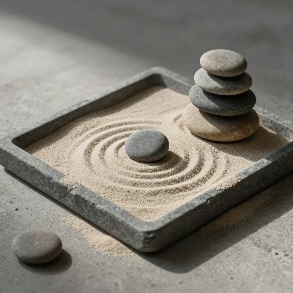 Top-down stone stacks and zen sand tray with a shifted pebble on concrete.