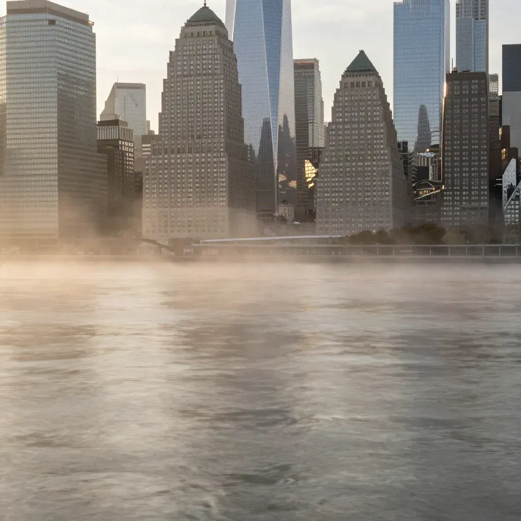 Lower Manhattan skyline above Hudson River fog at dawn, wide calm cityscape with copy space.