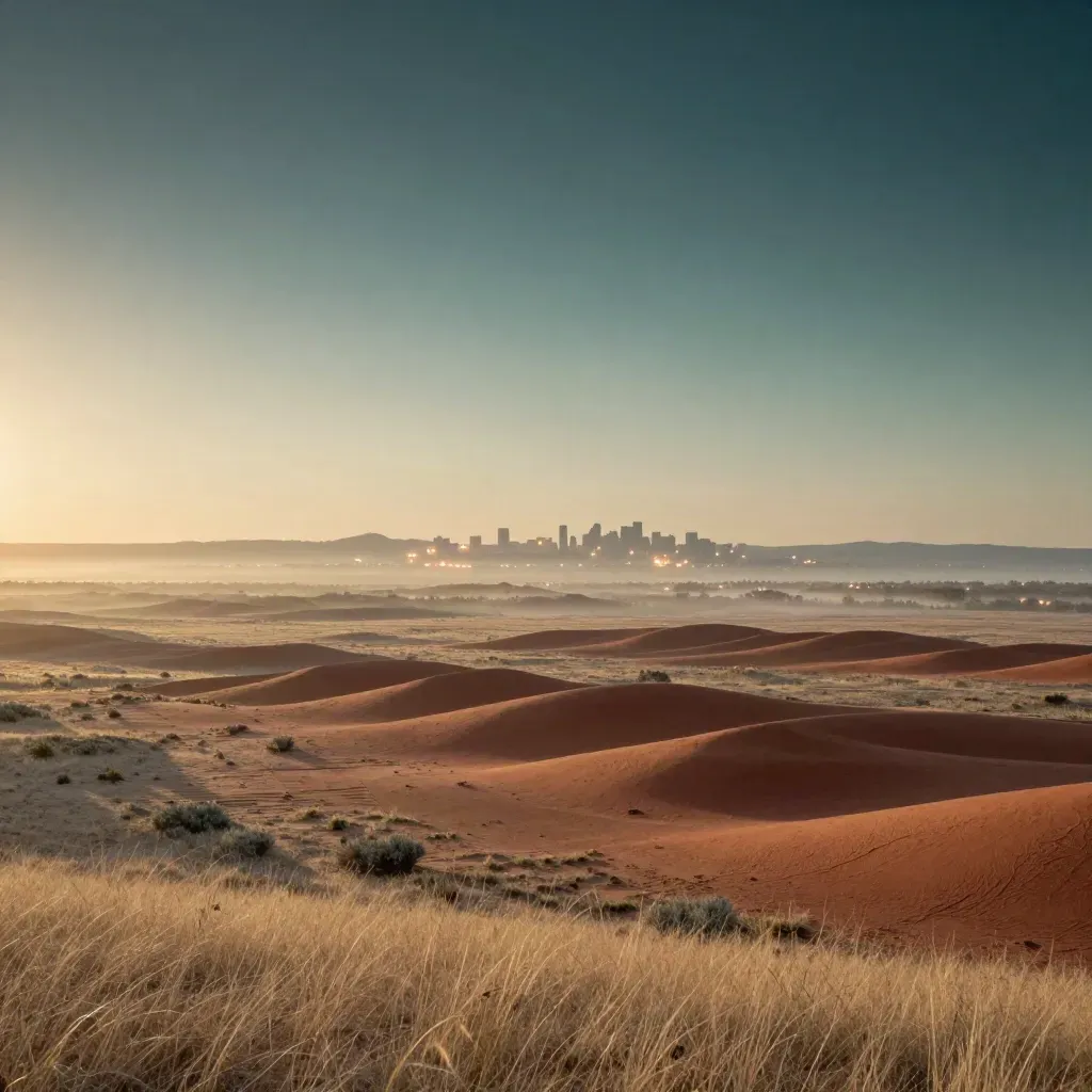 Dawn over layered plains with distant city glow and calm misty copy space.